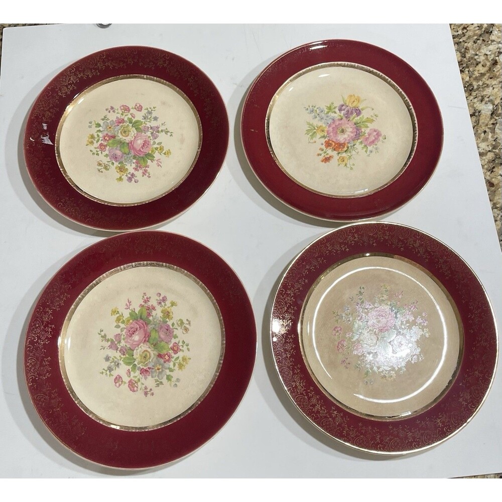 4 Century By Salem 10" Aristocrat Plates Burgundy, 23 Karat Encrusted Gold